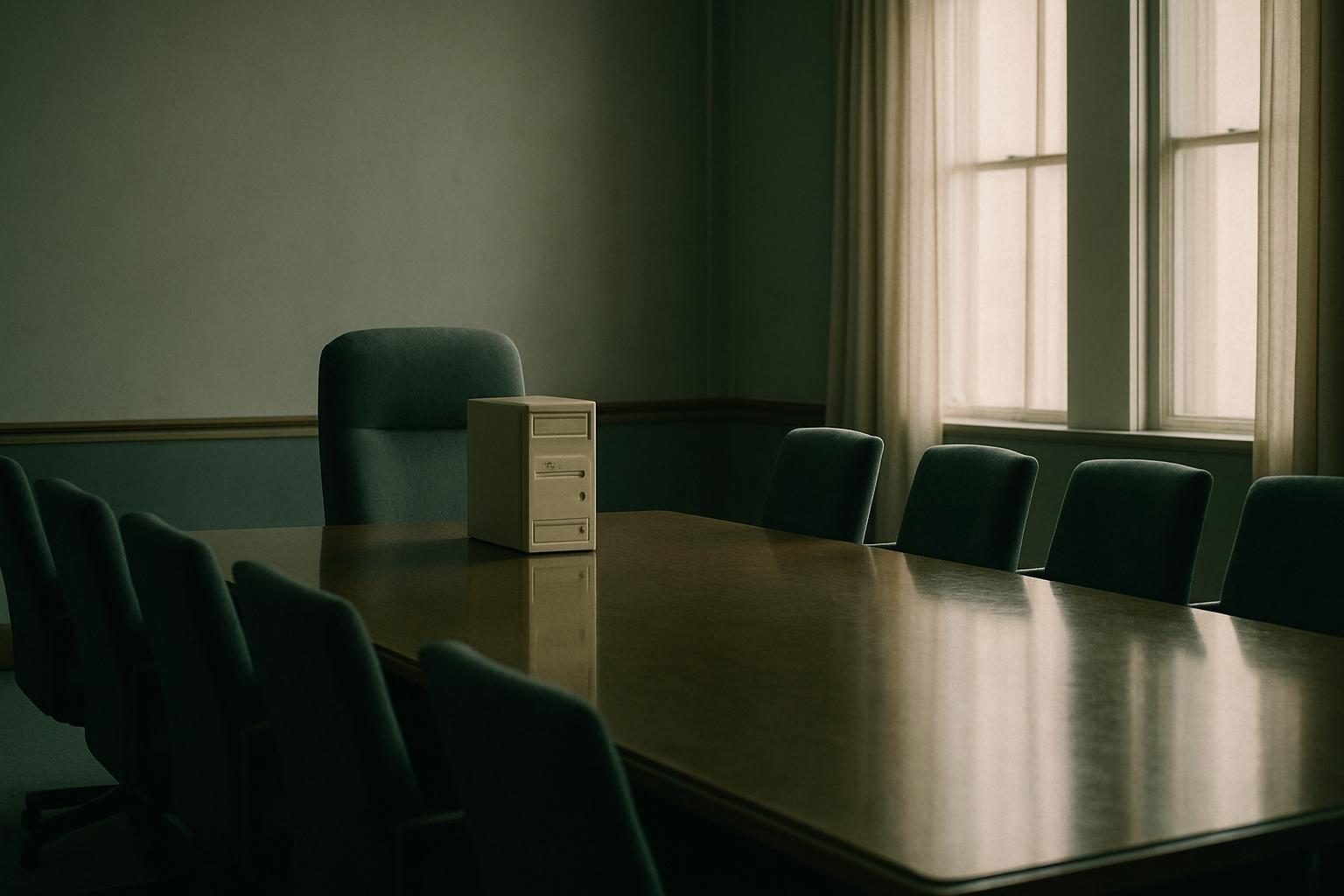 A desktop computer seated at the head of an empty boardroom table.
