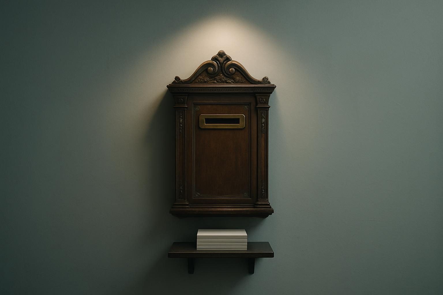 An ornate wooden complaints box mounted on a wall beneath a spotlight.