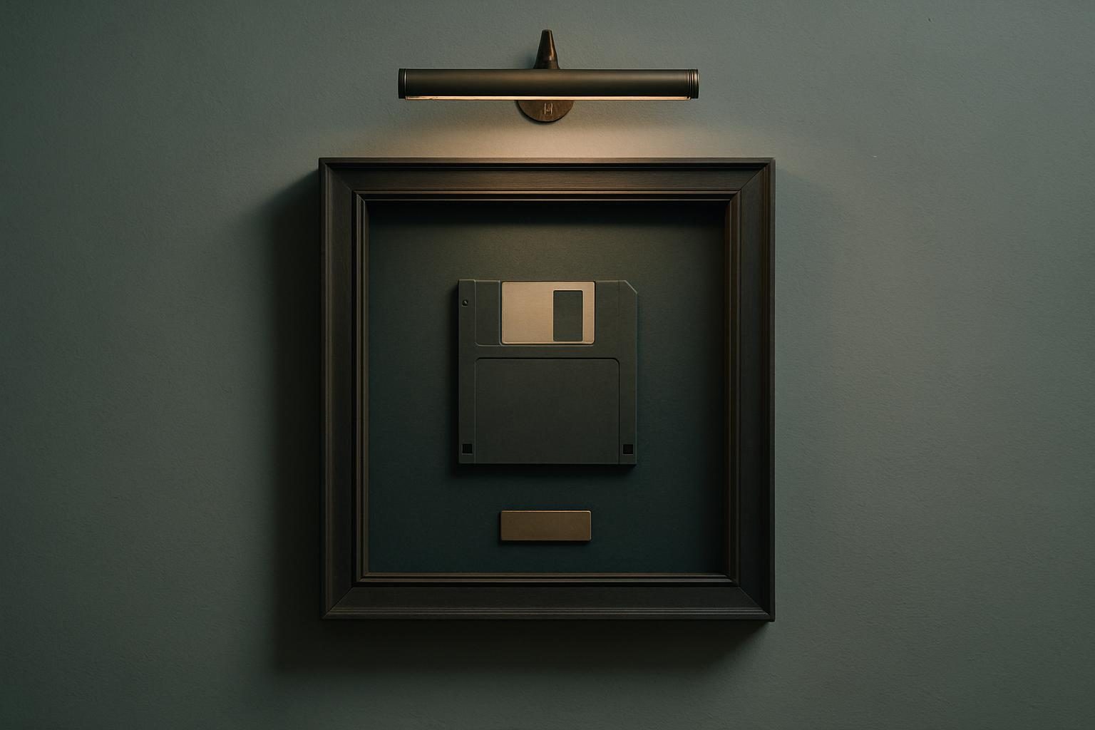 A floppy disk framed in a shadow box on a gallery wall beneath a small blank plaque.