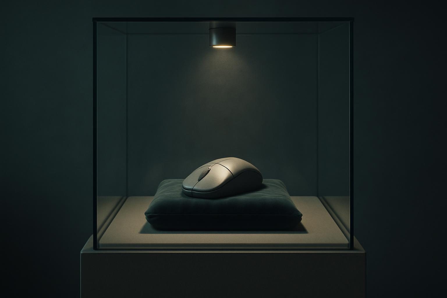 A computer mouse displayed on a velvet cushion in a museum case.