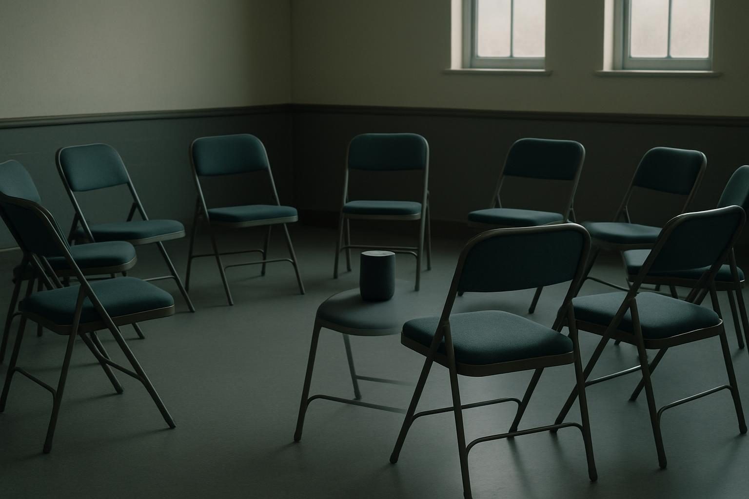 A smart speaker sitting in one chair of an empty support-group circle.