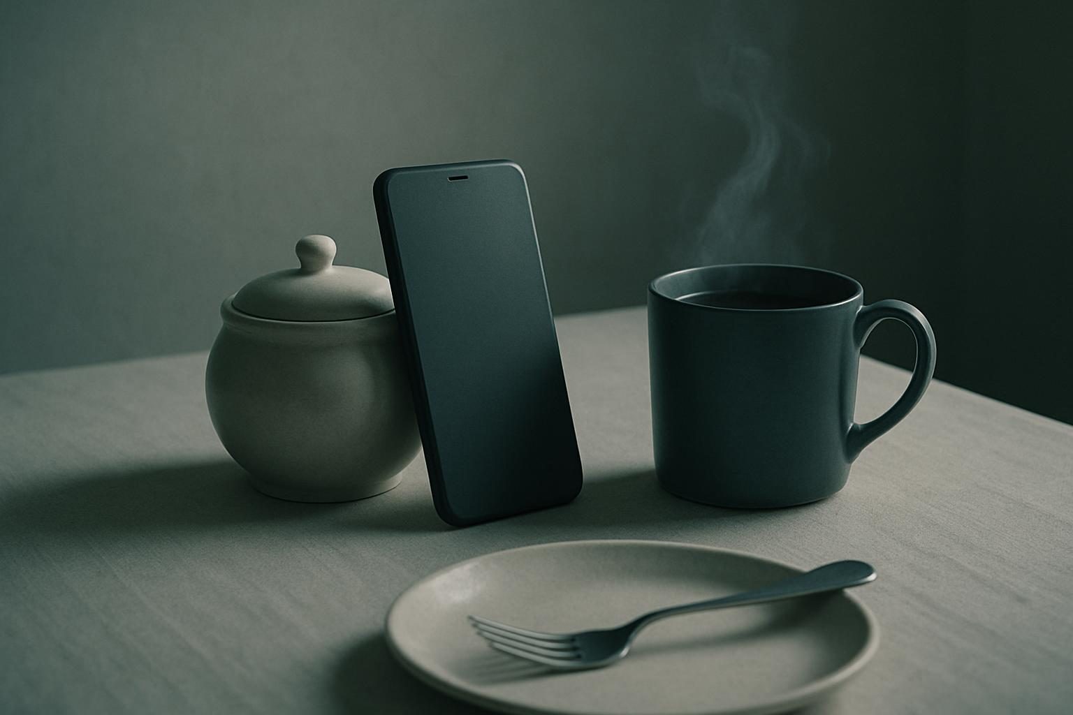 A phone propped against a sugar bowl at a breakfast table set for one.