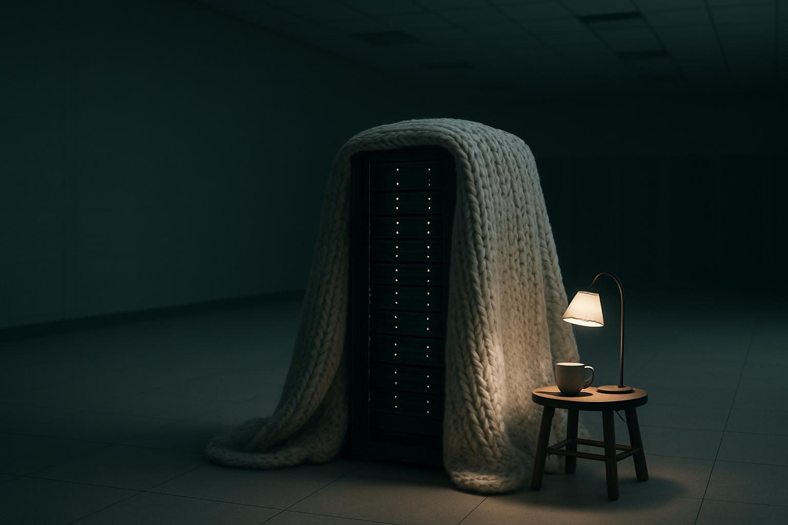 A server rack tucked under a knitted blanket with a mug of tea beside it.