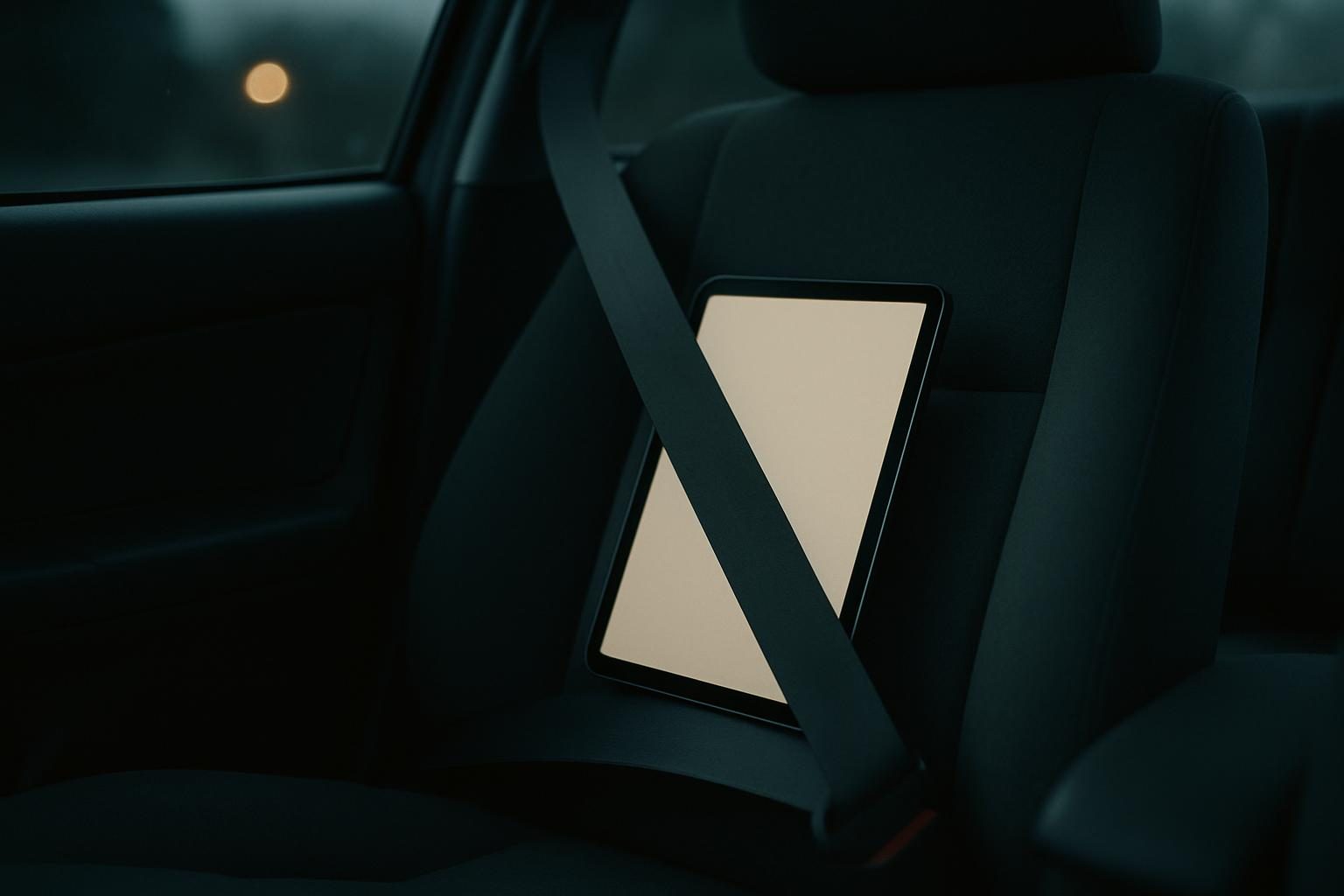 A tablet buckled into a car's passenger seat with the seatbelt across it.