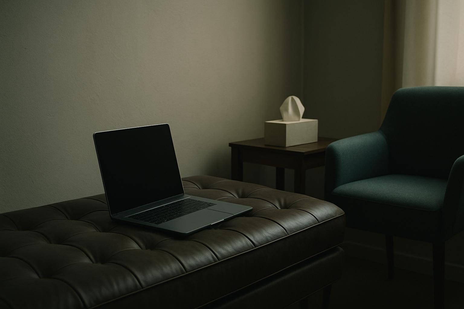 A laptop lying on a therapist's couch beside a box of tissues.