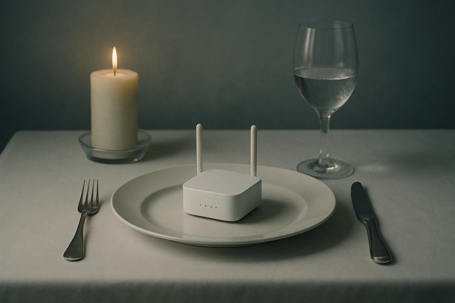 A wifi router plated like a fine-dining course on a set table.