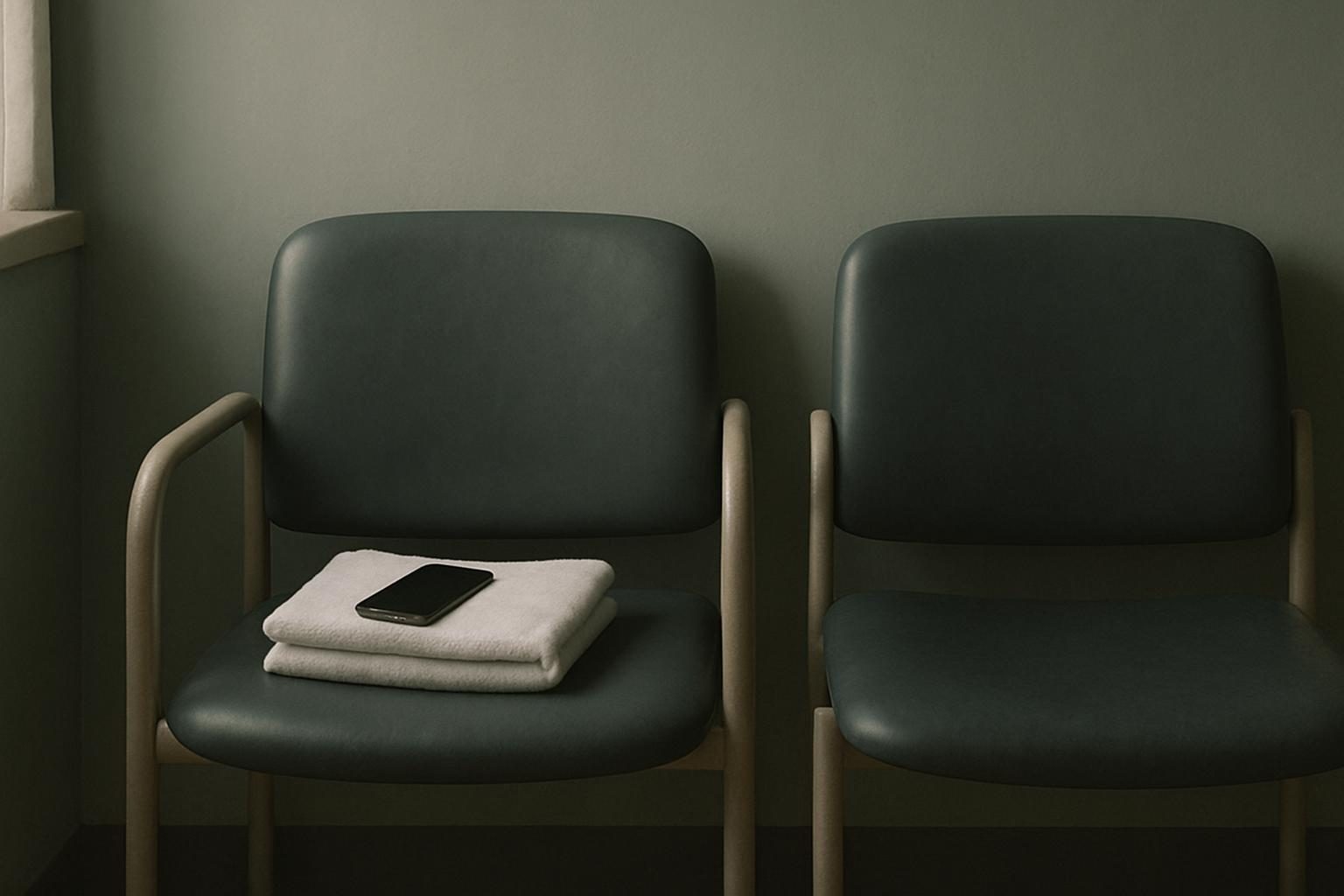A smartphone resting on a folded towel on a chair in a clinical waiting room.