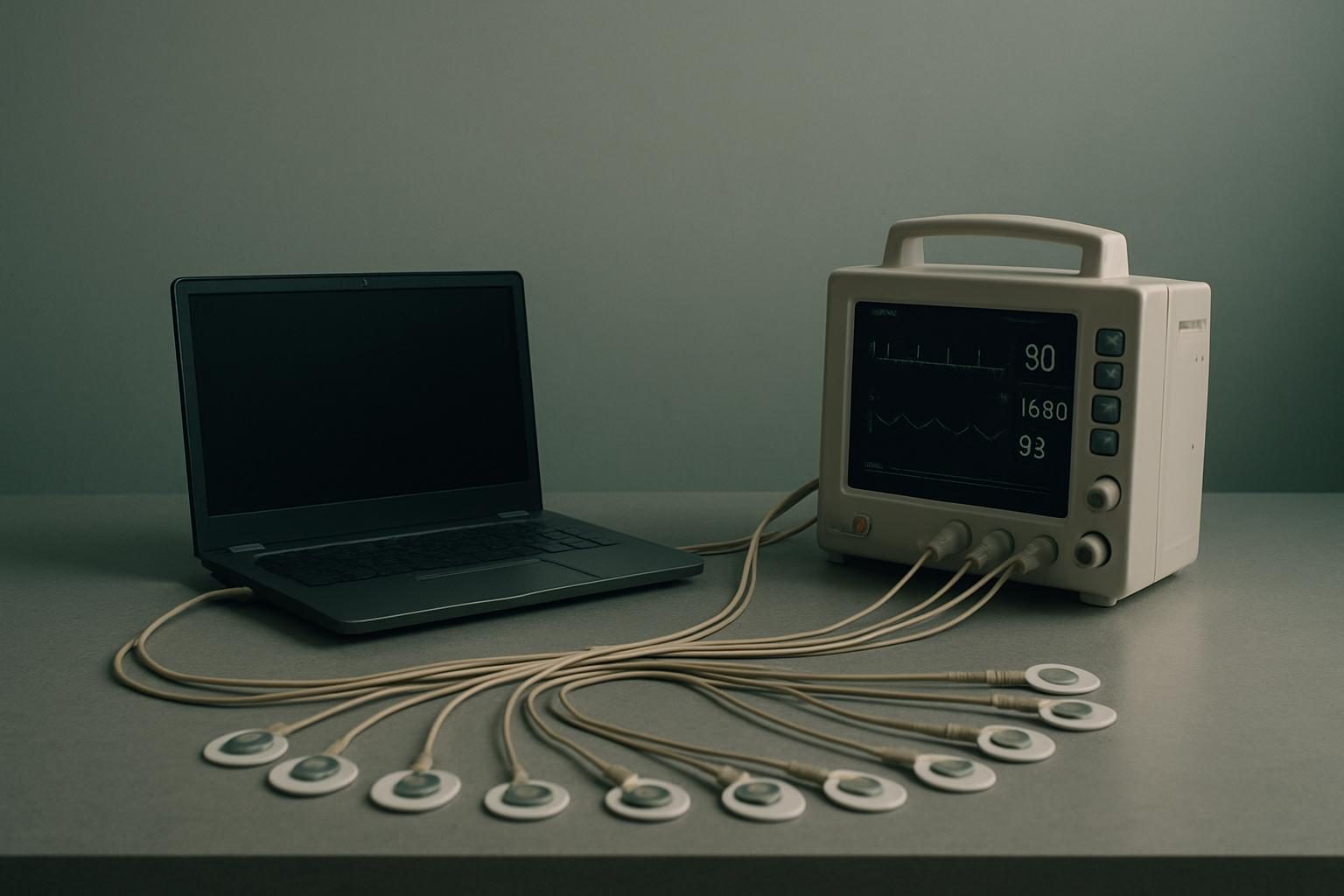 A laptop wired to a hospital vital-signs monitor on a lab bench.