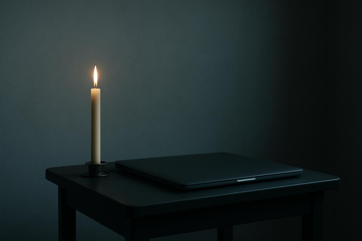 A lit candle beside a closed laptop, arranged like a small vigil.