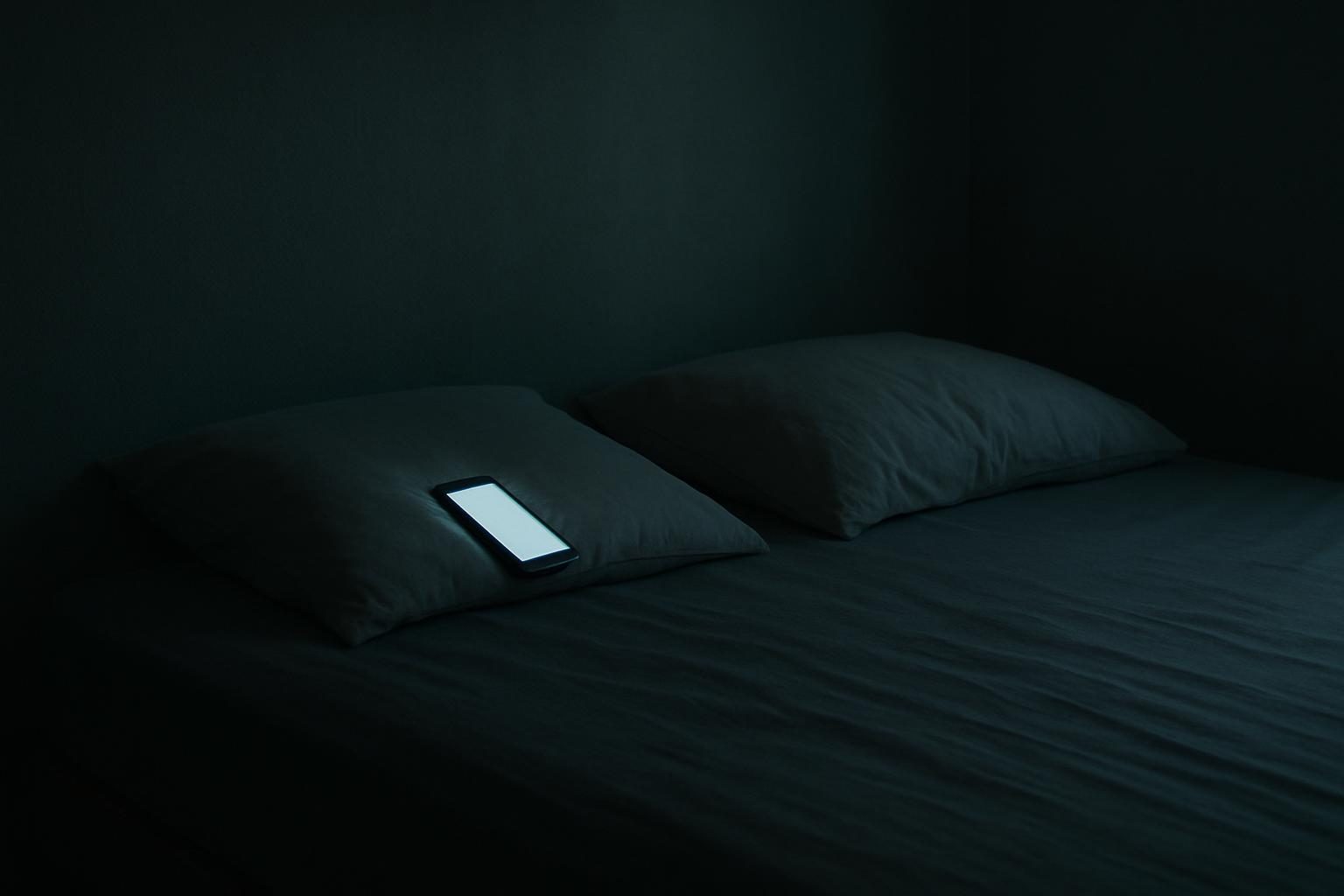 A phone glowing awake on a pillow at night beside an empty pillow.