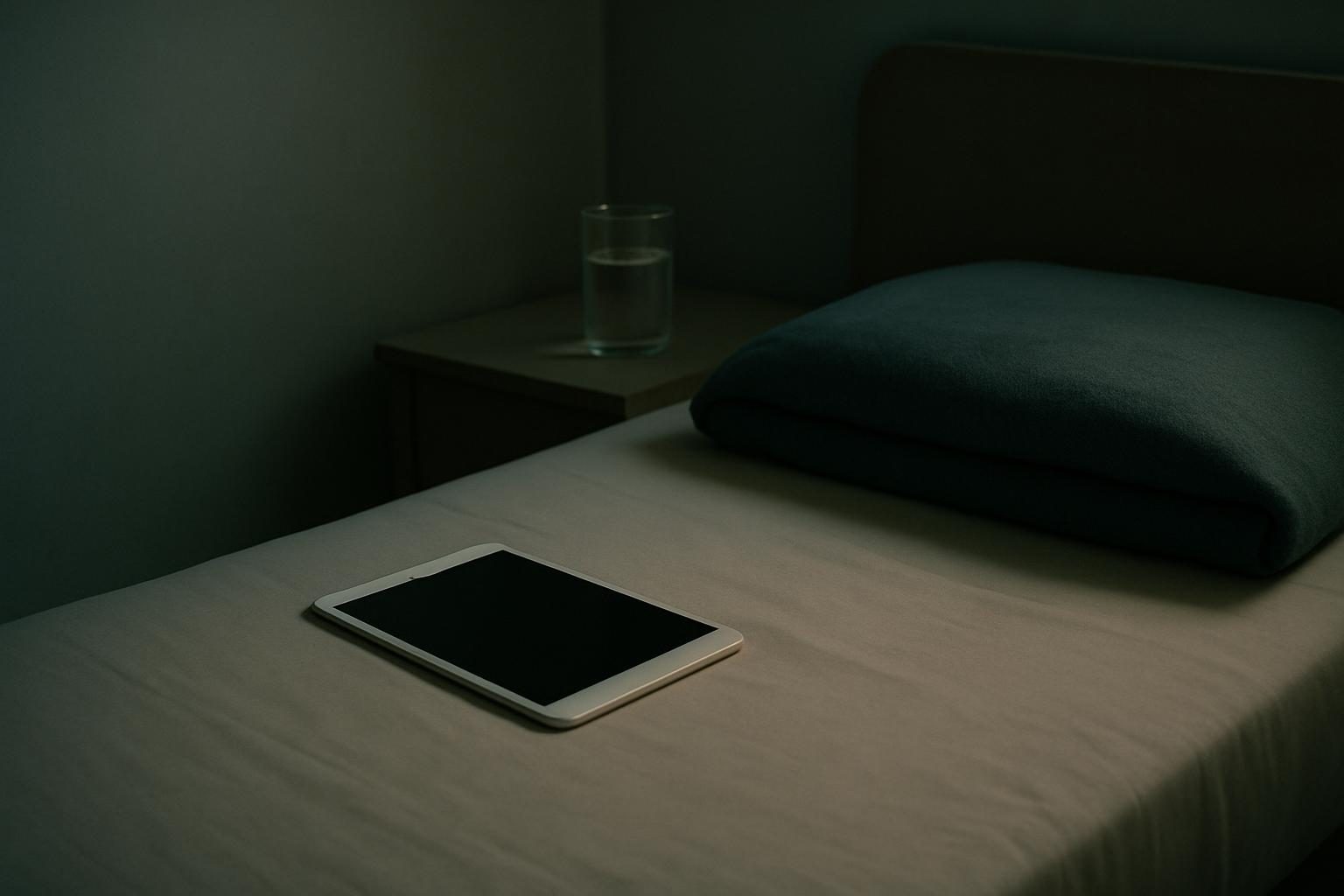 A tablet resting on a made bed beside a folded blanket and a glass of water.