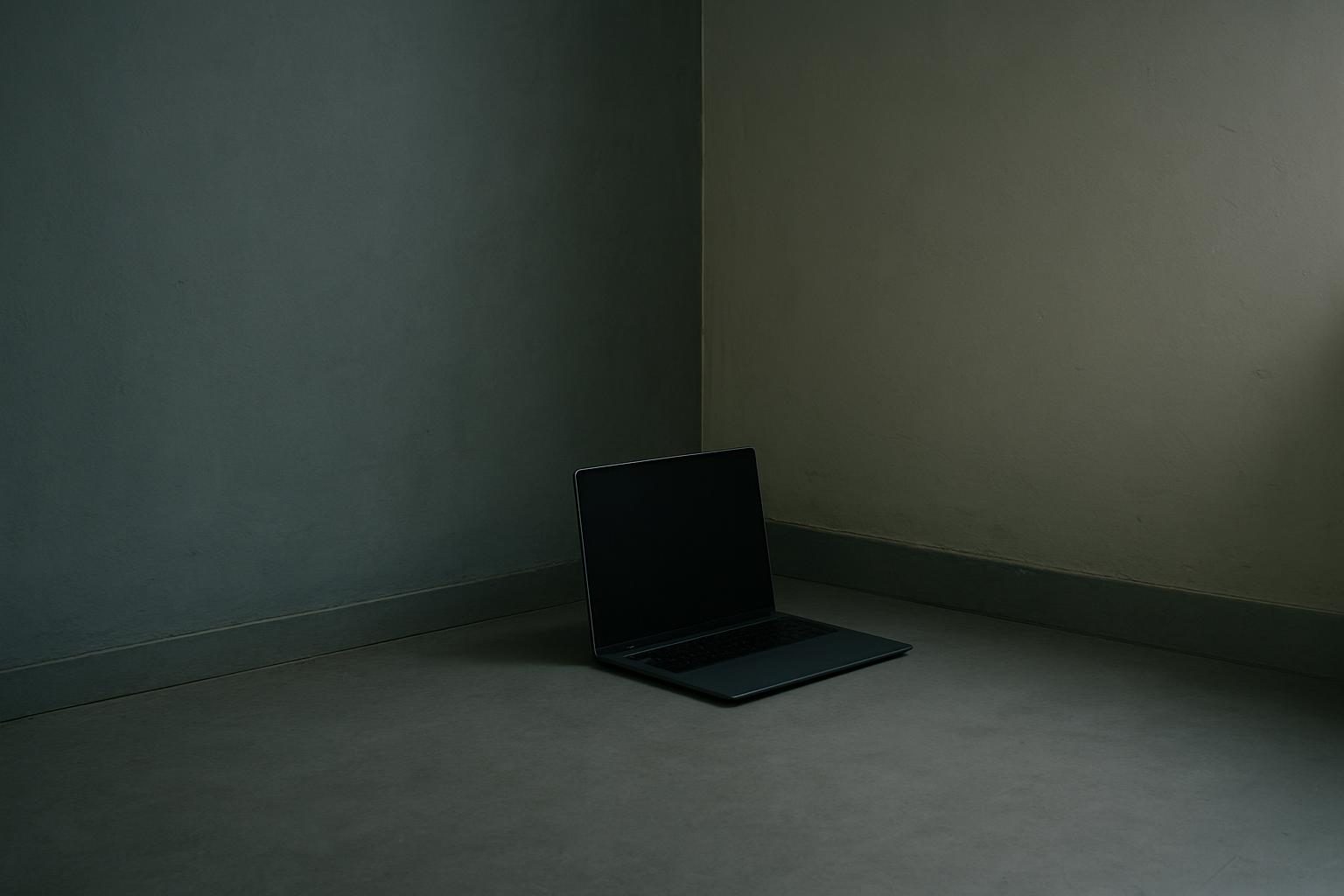 A laptop facing into the corner of an empty room.