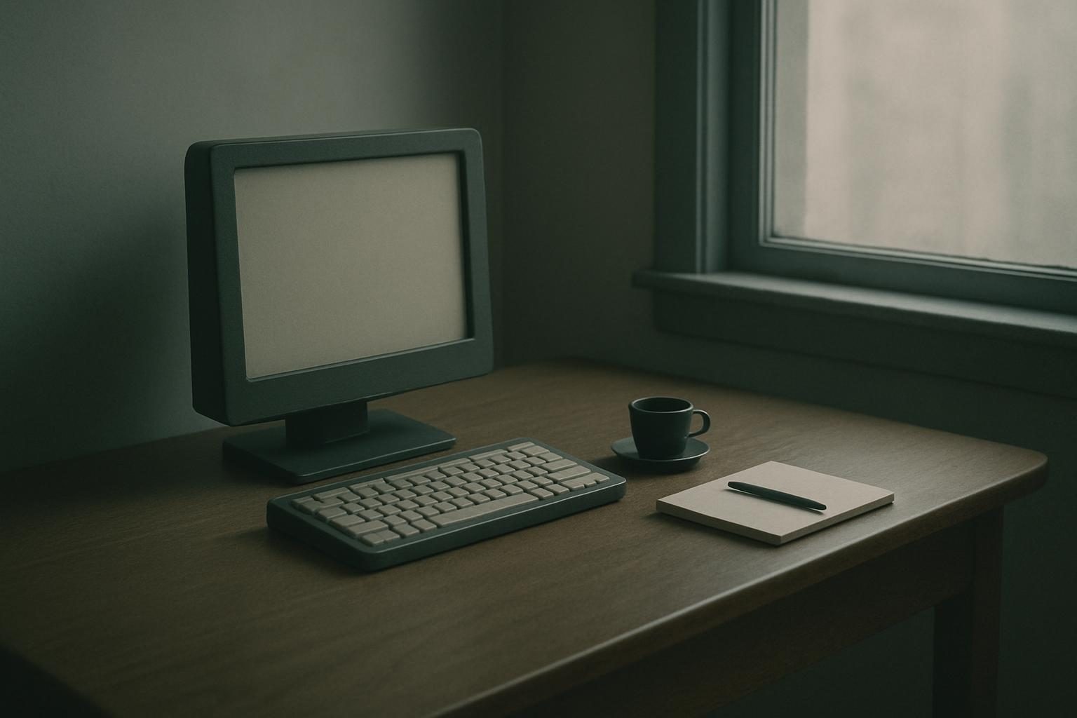 A desktop computer at a writer's desk by a window with a cup of coffee.