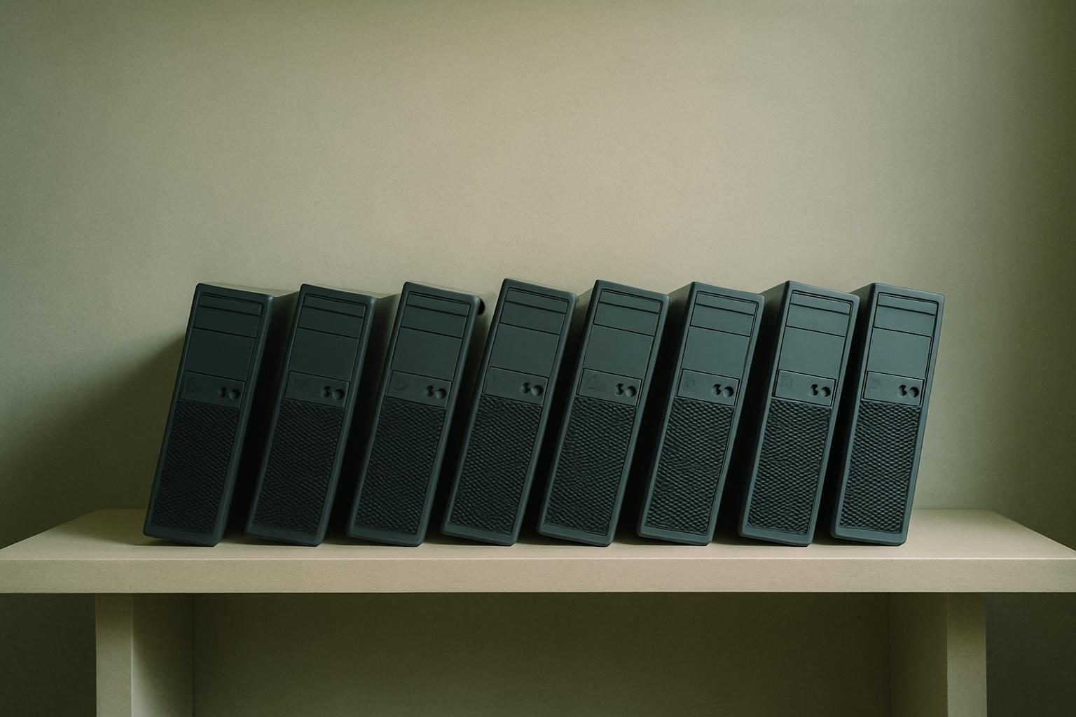 Identical computers on a shelf leaning together as if whispering.
